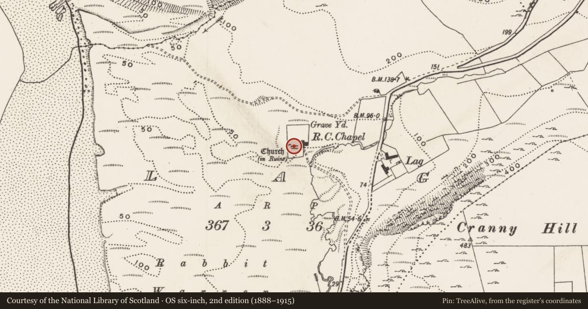 Ordnance Survey six-inch map, 2nd edition (1888–1915) covering the location of Church, Lag, County Donegal, with a pin at the register's coordinates