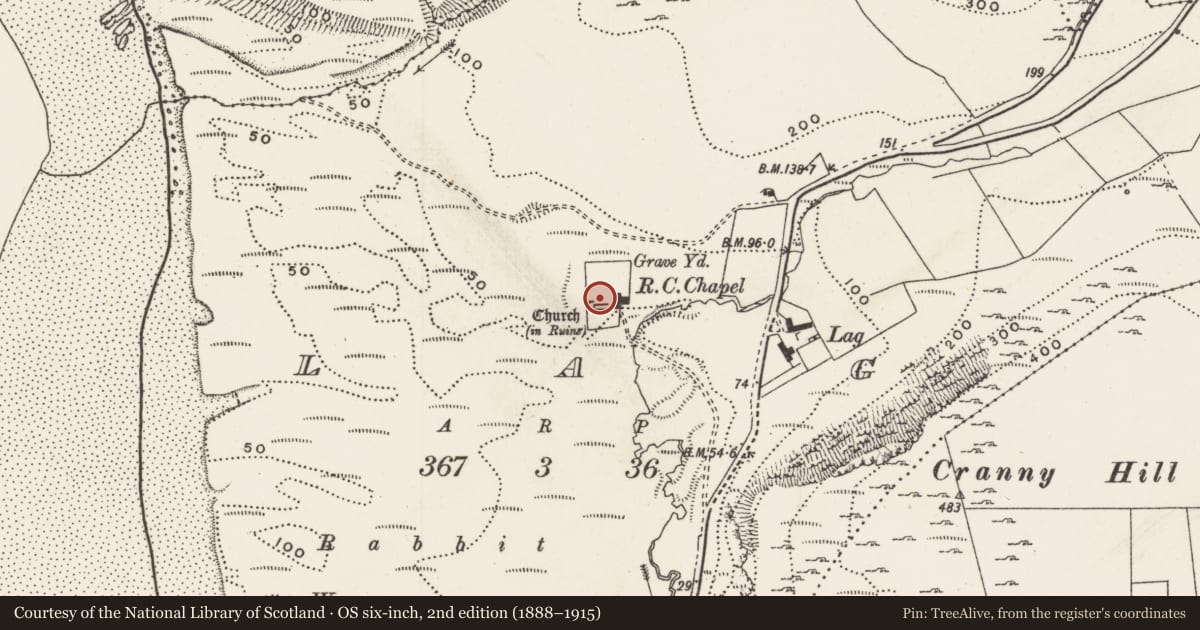 Ordnance Survey six-inch map, 2nd edition (1888–1915) covering the location of Cross, Lag, County Donegal, with a pin at the register's coordinates