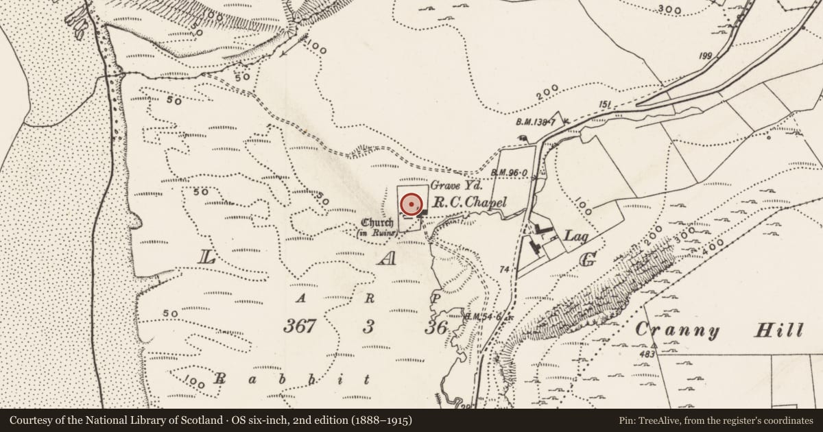 Ordnance Survey six-inch map, 2nd edition (1888–1915) covering the location of Graveyard, Lag, County Donegal, with a pin at the register's coordinates