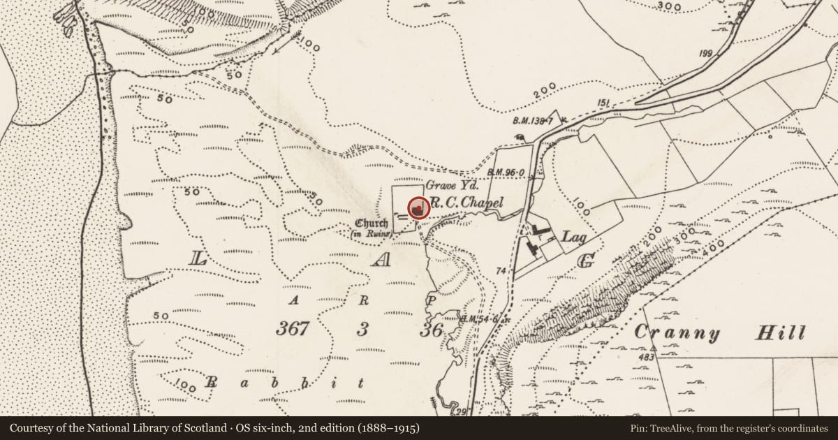 Ordnance Survey six-inch map, 2nd edition (1888–1915) covering the location of Font (present location), Lag, County Donegal, with a pin at the register's coordinates
