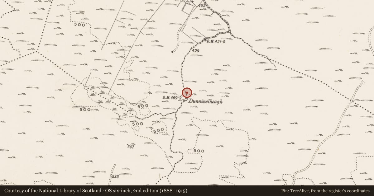 Ordnance Survey six-inch map, 2nd edition (1888–1915) covering the location of Hut site, Balleeghan Upper, County Donegal, with a pin at the register's coordinates