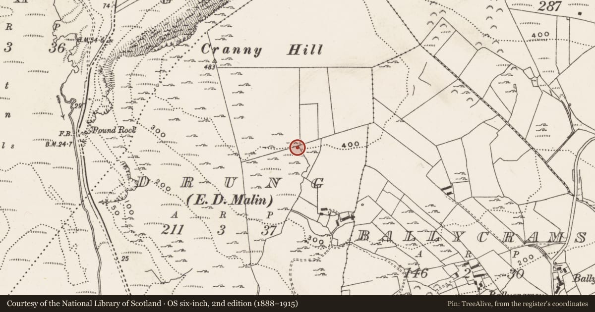 Ordnance Survey six-inch map, 2nd edition (1888–1915) covering the location of Souterrain, Drung, County Donegal, with a pin at the register's coordinates