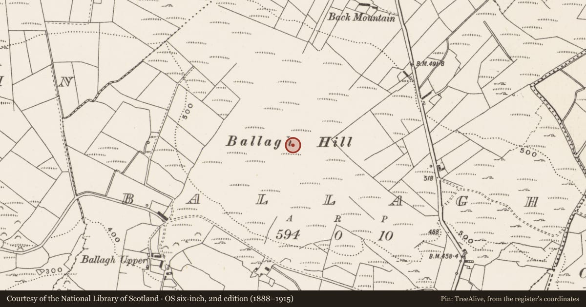 Ordnance Survey six-inch map, 2nd edition (1888–1915) covering the location of Megalithic tomb - unclassified, Ballagh, County Donegal, with a pin at the register's coordinates