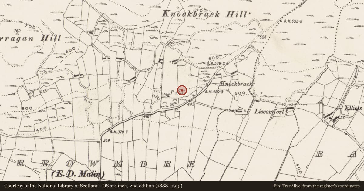 Ordnance Survey six-inch map, 2nd edition (1888–1915) covering the location of Standing stone, Carrowmore, County Donegal, with a pin at the register's coordinates