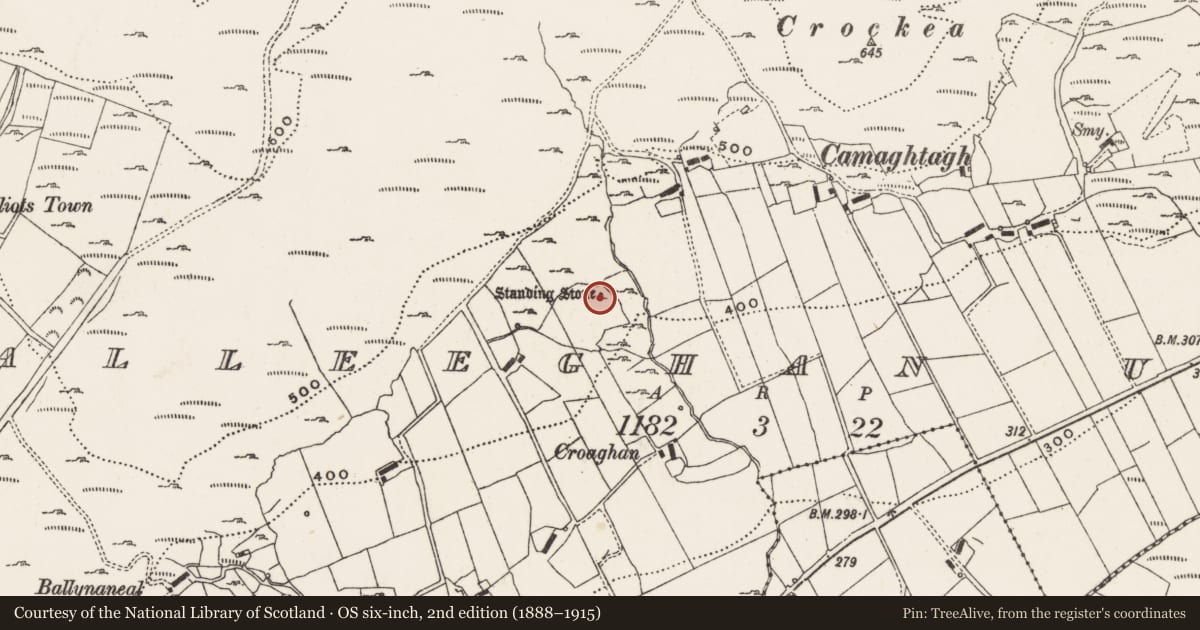 Ordnance Survey six-inch map, 2nd edition (1888–1915) covering the location of Standing stone, Balleeghan Upper, County Donegal, with a pin at the register's coordinates