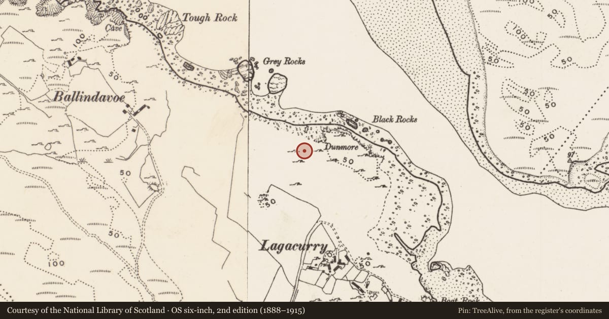 Ordnance Survey six-inch map, 2nd edition (1888–1915) covering the location of Castle - unclassified, Lagacurry, County Donegal, with a pin at the register's coordinates