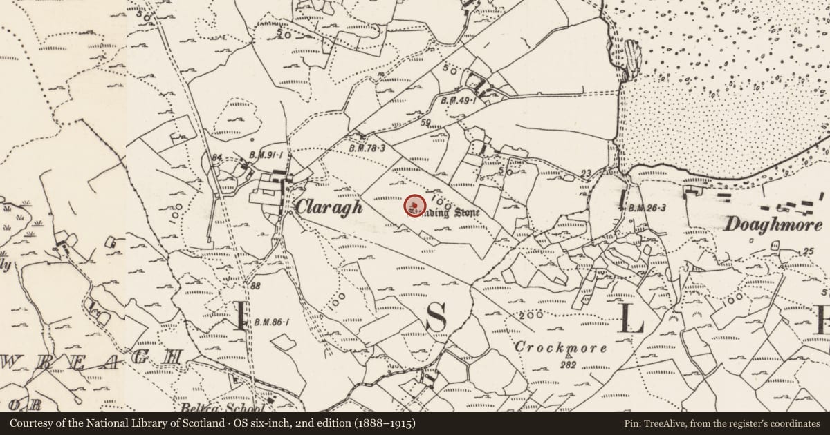 Ordnance Survey six-inch map, 2nd edition (1888–1915) covering the location of Standing stone, Lagacurry, County Donegal, with a pin at the register's coordinates