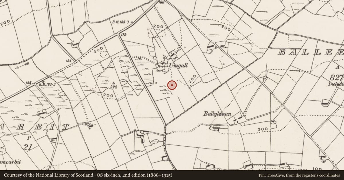 Ordnance Survey six-inch map, 2nd edition (1888–1915) covering the location of Cairn - unclassified, Balleeghan Upper, County Donegal, with a pin at the register's coordinates