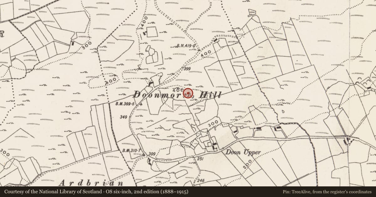 Ordnance Survey six-inch map, 2nd edition (1888–1915) covering the location of Hilltop enclosure, Part of Balleeghan Lower, County Donegal, with a pin at the register's coordinates