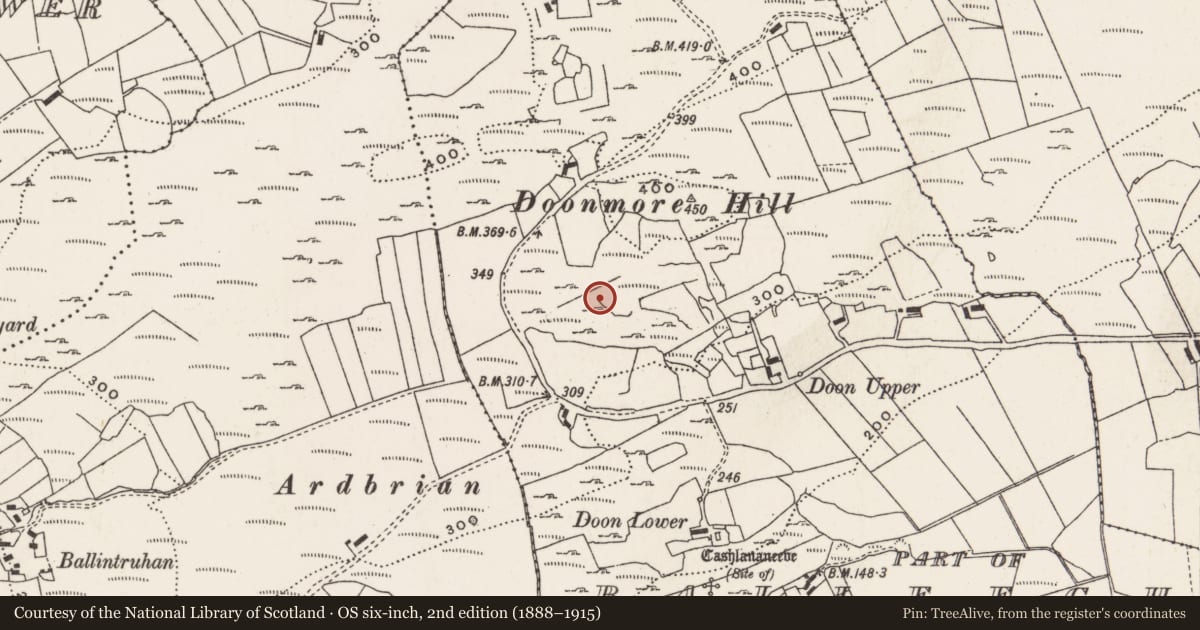 Ordnance Survey six-inch map, 2nd edition (1888–1915) covering the location of Mound, Part of Balleeghan Lower, County Donegal, with a pin at the register's coordinates