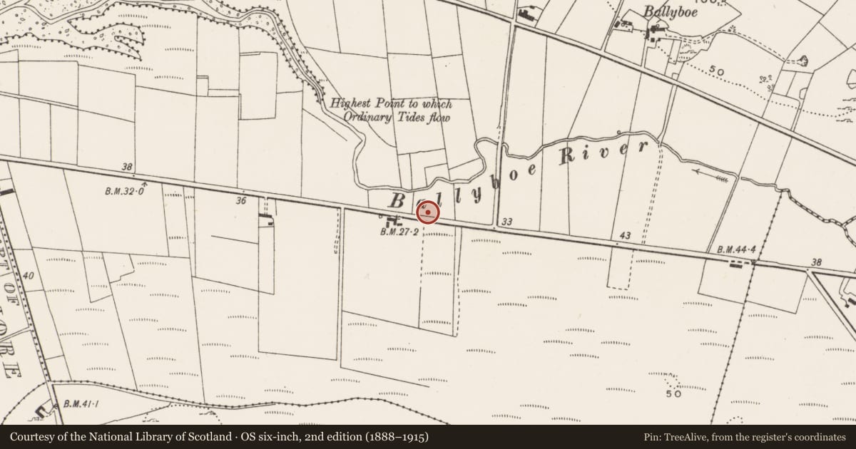 Ordnance Survey six-inch map, 2nd edition (1888–1915) covering the location of Burial ground, Drumcarbit, County Donegal, with a pin at the register's coordinates