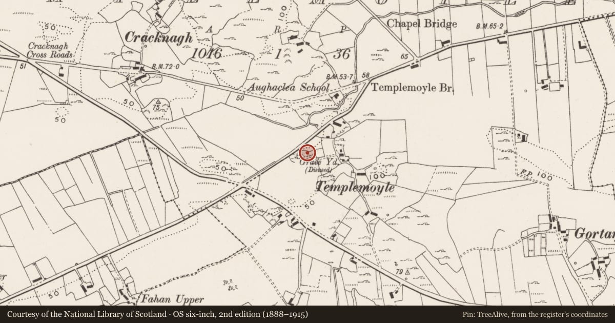 Ordnance Survey six-inch map, 2nd edition (1888–1915) covering the location of Structure, Templemoyle, County Donegal, with a pin at the register's coordinates