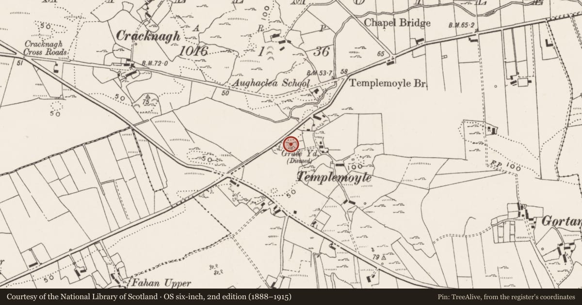 Ordnance Survey six-inch map, 2nd edition (1888–1915) covering the location of Cross, Templemoyle, County Donegal, with a pin at the register's coordinates