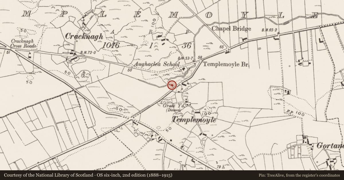 Ordnance Survey six-inch map, 2nd edition (1888–1915) covering the location of Ritual site - holy well, Templemoyle, County Donegal, with a pin at the register's coordinates