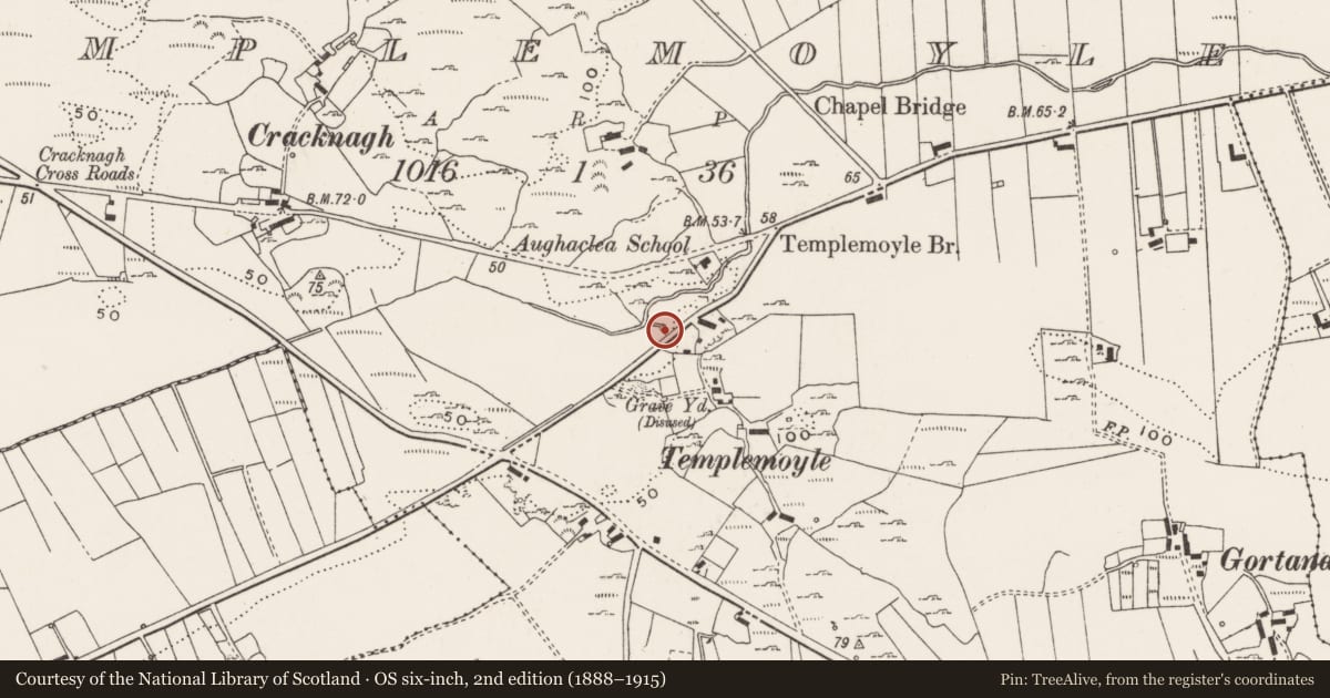 Ordnance Survey six-inch map, 2nd edition (1888–1915) covering the location of Pillar stone, Templemoyle, County Donegal, with a pin at the register's coordinates