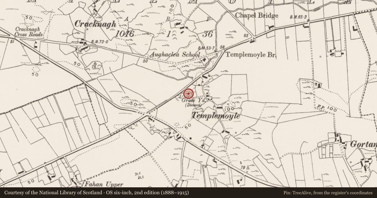 Ordnance Survey six-inch map, 2nd edition (1888–1915) covering the location of Mound, Templemoyle, County Donegal, with a pin at the register's coordinates