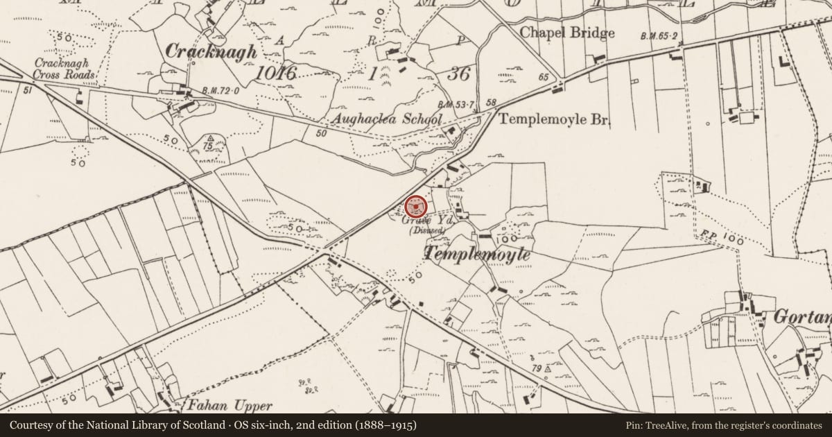 Ordnance Survey six-inch map, 2nd edition (1888–1915) covering the location of Mass-rock, Templemoyle, County Donegal, with a pin at the register's coordinates
