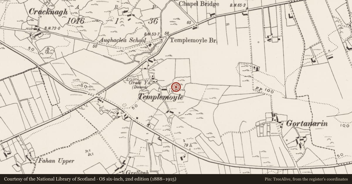 Ordnance Survey six-inch map, 2nd edition (1888–1915) covering the location of Ringfort - cashel, Templemoyle, County Donegal, with a pin at the register's coordinates