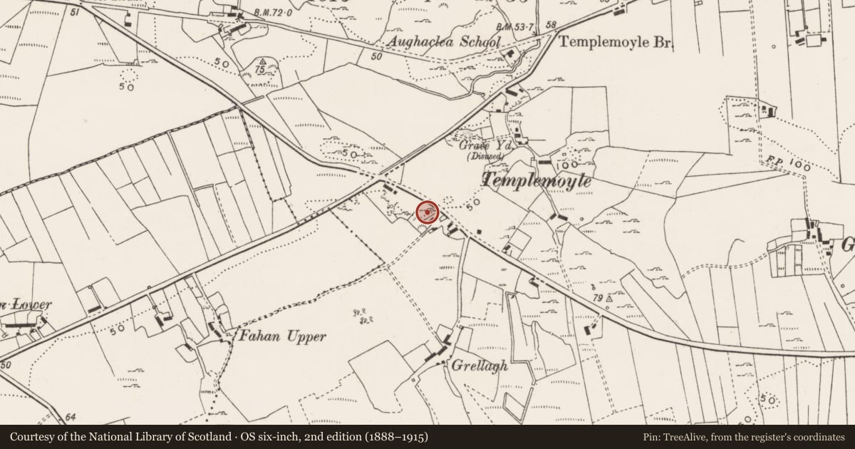 Ordnance Survey six-inch map, 2nd edition (1888–1915) covering the location of Ritual site - holy well, Templemoyle, County Donegal, with a pin at the register's coordinates