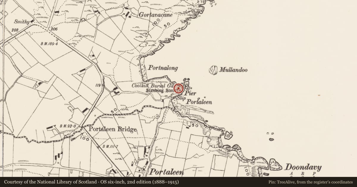 Ordnance Survey six-inch map, 2nd edition (1888–1915) covering the location of Burial ground, Glengad, County Donegal, with a pin at the register's coordinates