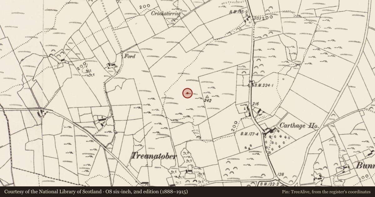 Ordnance Survey six-inch map, 2nd edition (1888–1915) covering the location of Enclosure, Carthage, County Donegal, with a pin at the register's coordinates