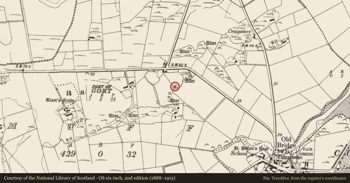 Ordnance Survey six-inch map, 2nd edition (1888–1915) covering the location of Hut site, Muff, County Donegal, with a pin at the register's coordinates