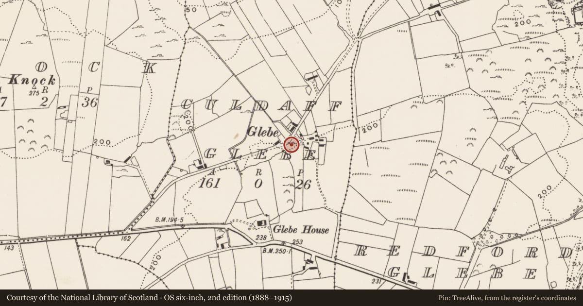 Ordnance Survey six-inch map, 2nd edition (1888–1915) covering the location of Ritual site - holy well, Culdaff Glebe, County Donegal, with a pin at the register's coordinates
