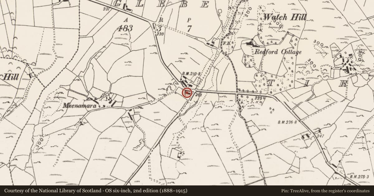 Ordnance Survey six-inch map, 2nd edition (1888–1915) covering the location of Cross-slab, Redford Glebe, County Donegal, with a pin at the register's coordinates