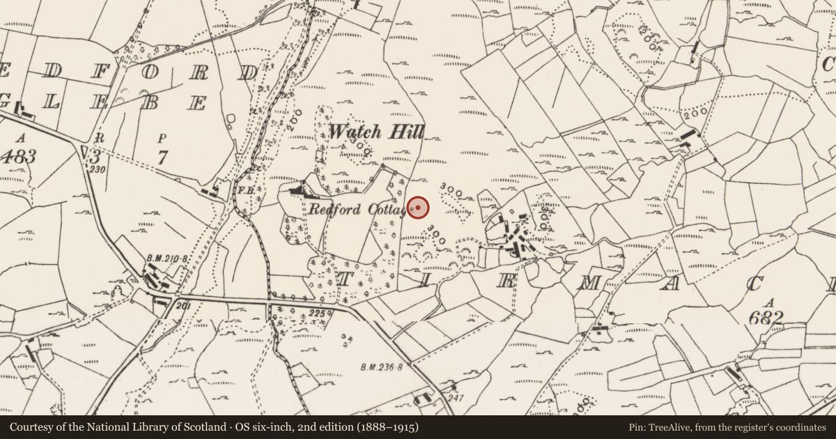 Ordnance Survey six-inch map, 2nd edition (1888–1915) covering the location of Standing stone, Tirmacroragh, County Donegal, with a pin at the register's coordinates