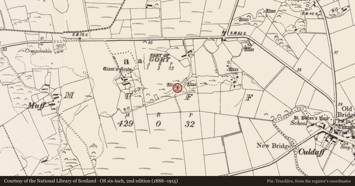 Ordnance Survey six-inch map, 2nd edition (1888–1915) covering the location of Penal Mass station, Muff, County Donegal, with a pin at the register's coordinates