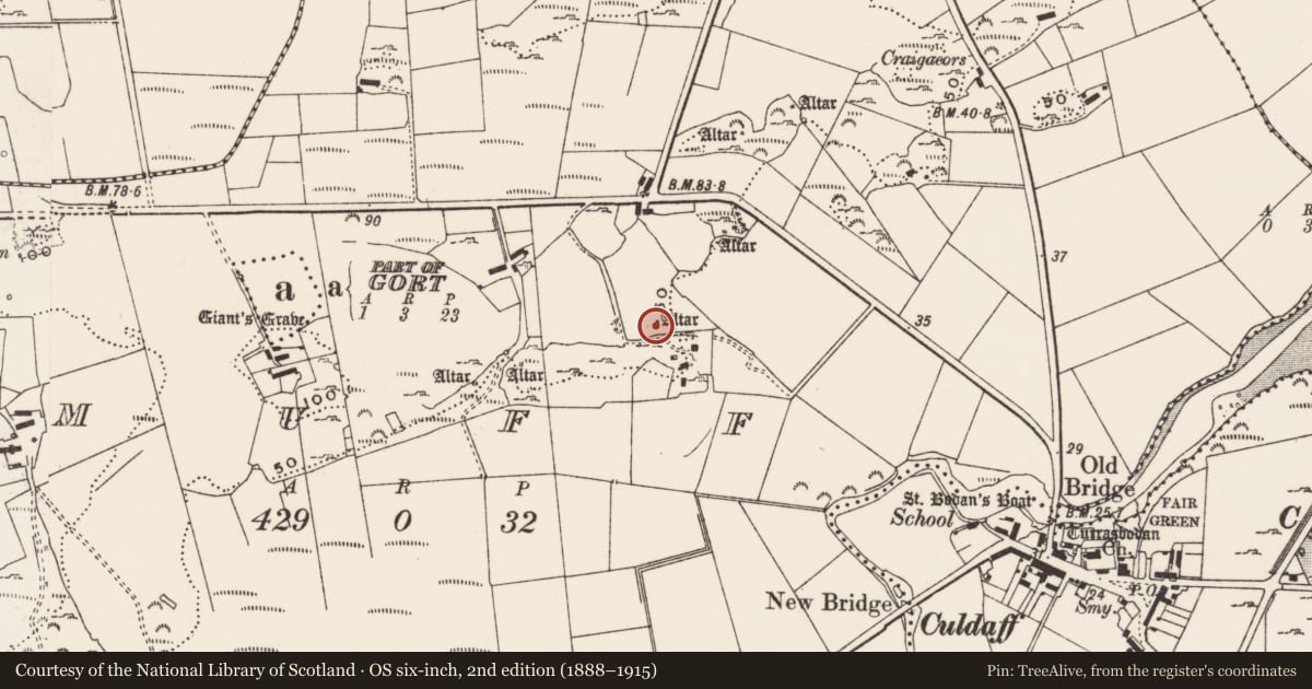 Ordnance Survey six-inch map, 2nd edition (1888–1915) covering the location of Penal Mass station, Muff, County Donegal, with a pin at the register's coordinates