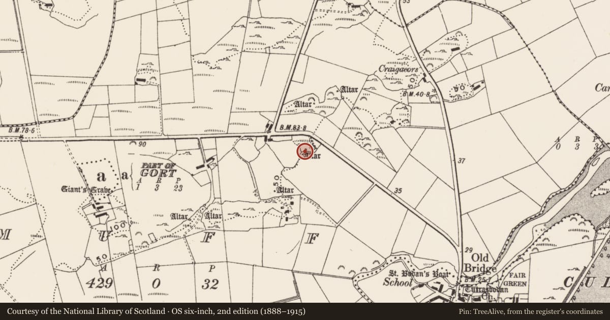 Ordnance Survey six-inch map, 2nd edition (1888–1915) covering the location of Penal Mass station, Muff, County Donegal, with a pin at the register's coordinates