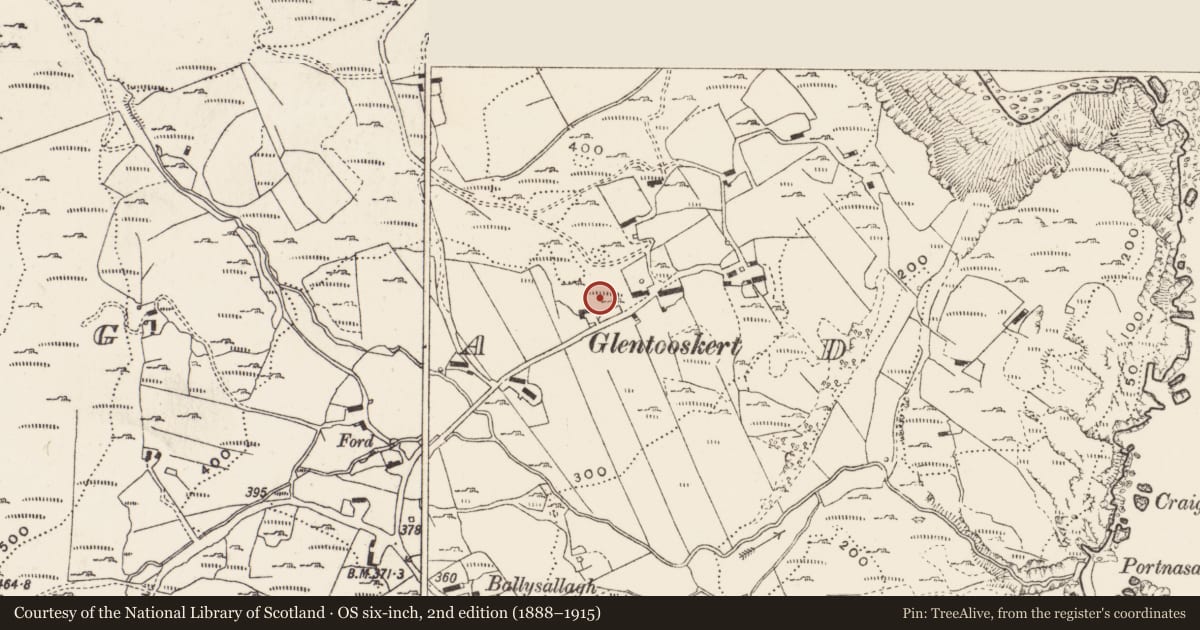 Ordnance Survey six-inch map, 2nd edition (1888–1915) covering the location of Rock art, Glengad, County Donegal, with a pin at the register's coordinates