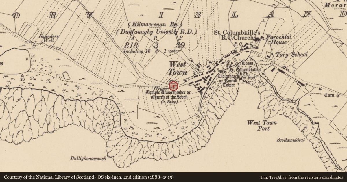 Ordnance Survey six-inch map, 2nd edition (1888–1915) covering the location of Church, Toraigh, County Donegal, with a pin at the register's coordinates