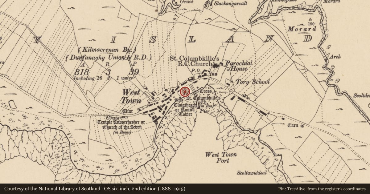 Ordnance Survey six-inch map, 2nd edition (1888–1915) covering the location of Graveyard, Toraigh, County Donegal, with a pin at the register's coordinates