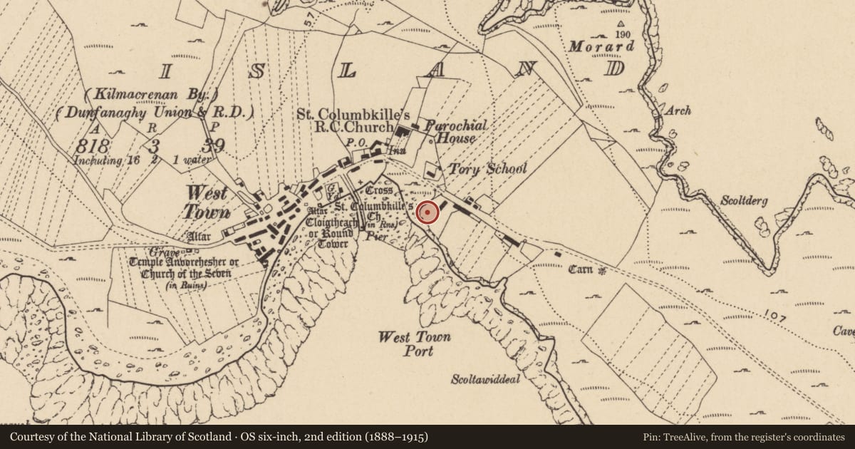 Ordnance Survey six-inch map, 2nd edition (1888–1915) covering the location of Habitation site, Toraigh, County Donegal, with a pin at the register's coordinates