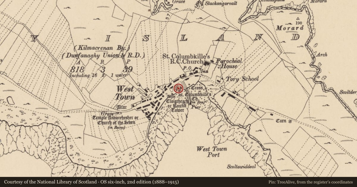 Ordnance Survey six-inch map, 2nd edition (1888–1915) covering the location of Cross, Toraigh, County Donegal, with a pin at the register's coordinates