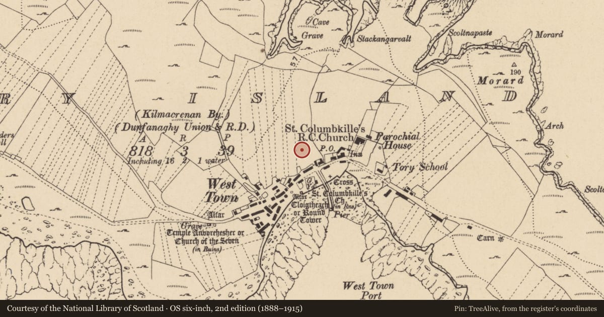 Ordnance Survey six-inch map, 2nd edition (1888–1915) covering the location of Excavation - miscellaneous, Toraigh, County Donegal, with a pin at the register's coordinates