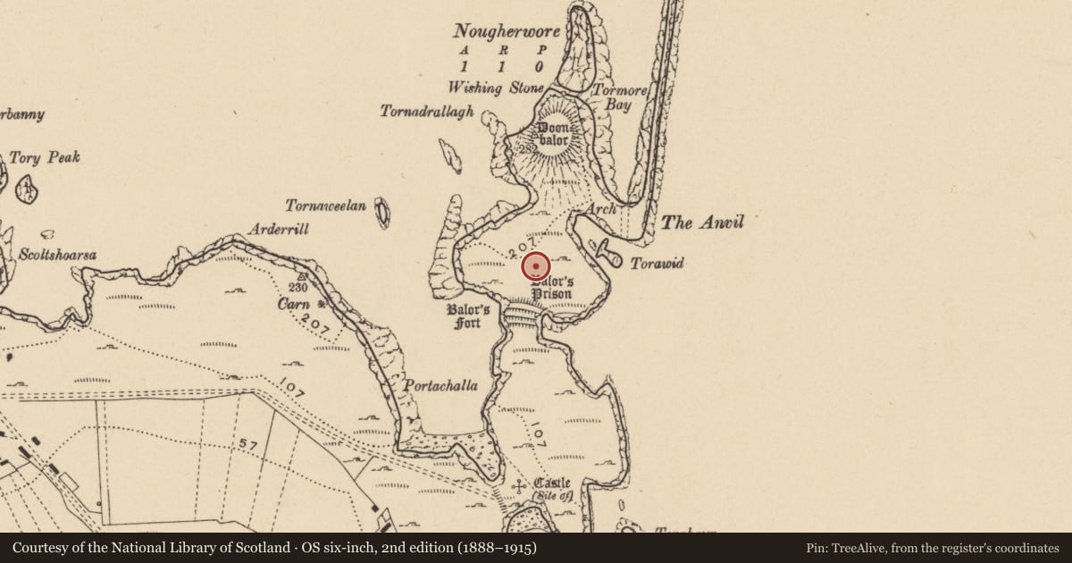 Ordnance Survey six-inch map, 2nd edition (1888–1915) covering the location of Enclosure, Toraigh, County Donegal, with a pin at the register's coordinates