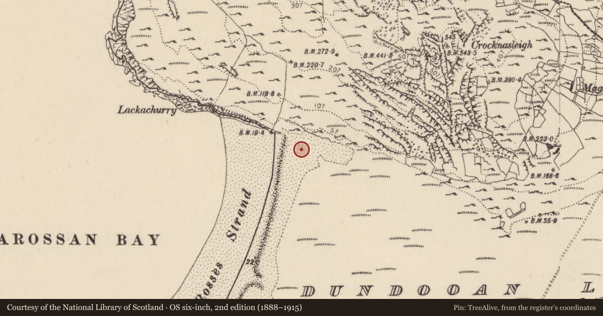 Ordnance Survey six-inch map, 2nd edition (1888–1915) covering the location of Hut site, Dún Dubháin Íochtarach, County Donegal, with a pin at the register's coordinates