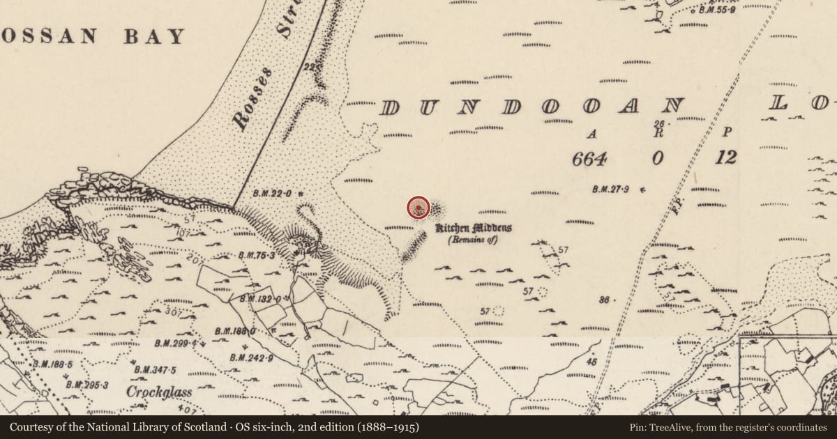 Ordnance Survey six-inch map, 2nd edition (1888–1915) covering the location of Midden, Dún Dubháin Íochtarach, County Donegal, with a pin at the register's coordinates
