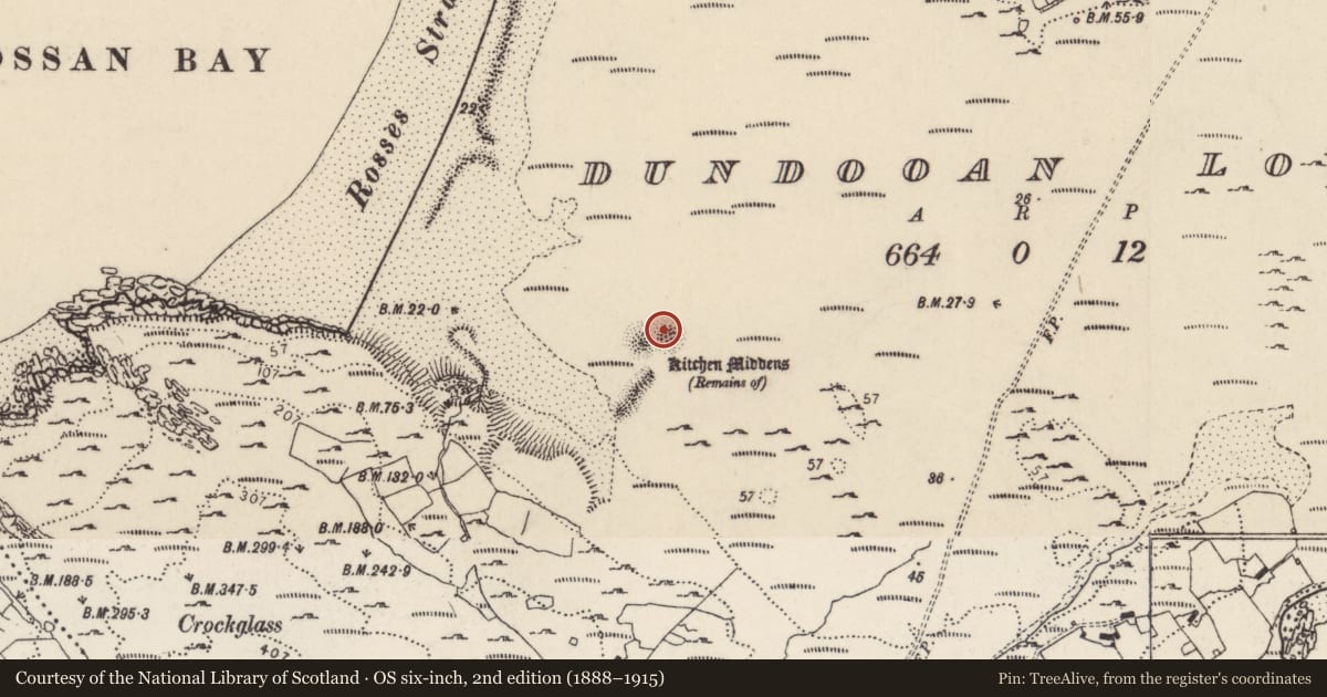 Ordnance Survey six-inch map, 2nd edition (1888–1915) covering the location of Midden, Dún Dubháin Íochtarach, County Donegal, with a pin at the register's coordinates