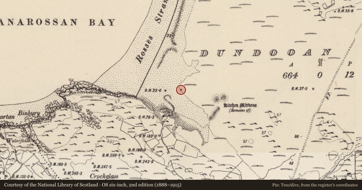 Ordnance Survey six-inch map, 2nd edition (1888–1915) covering the location of Hut site, Dún Dubháin Íochtarach, County Donegal, with a pin at the register's coordinates