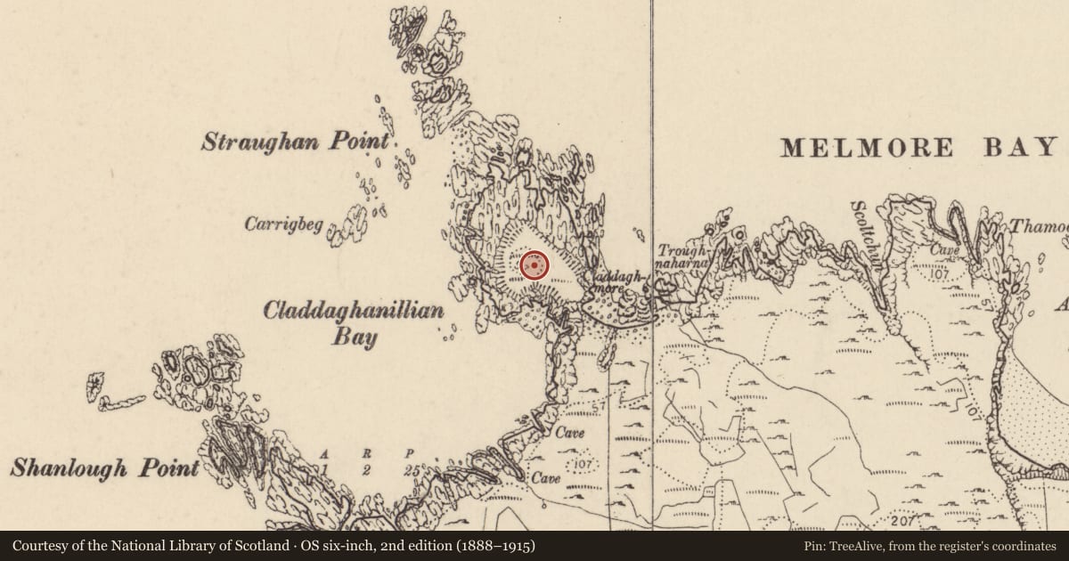 Ordnance Survey six-inch map, 2nd edition (1888–1915) covering the location of Promontory fort - coastal, An Meall Mór, County Donegal, with a pin at the register's coordinates