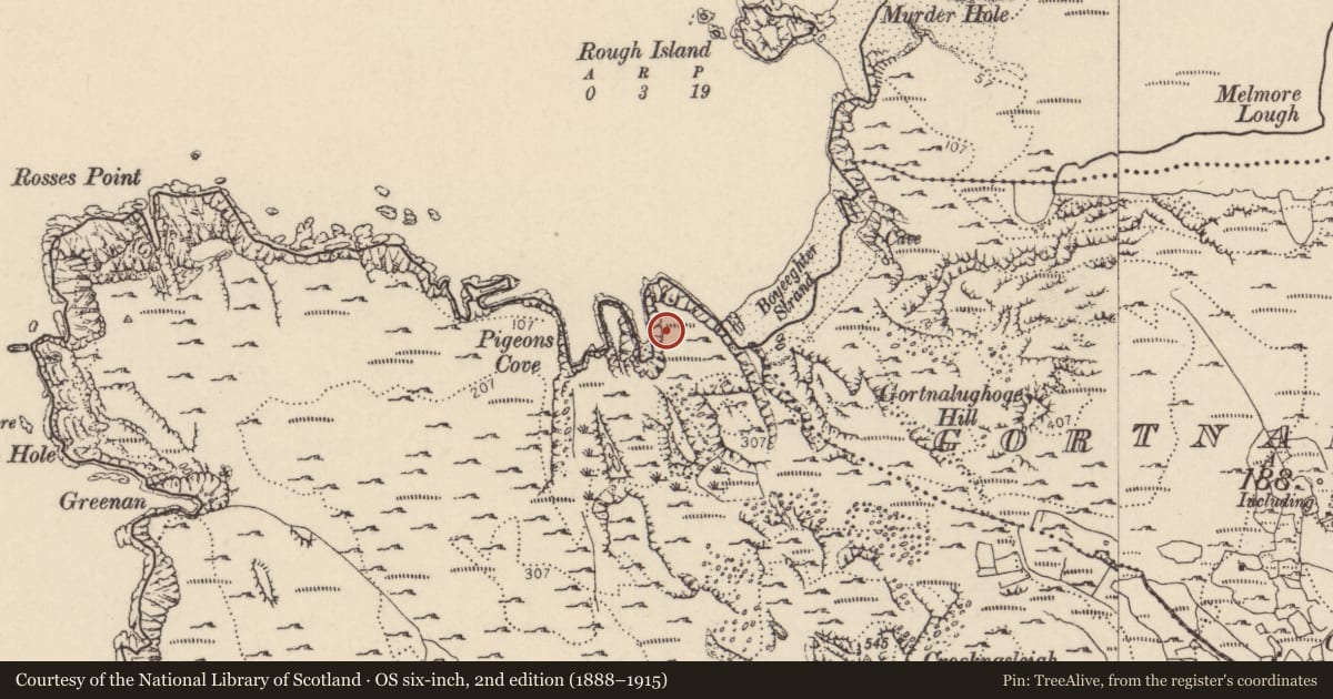 Ordnance Survey six-inch map, 2nd edition (1888–1915) covering the location of Promontory fort - coastal, Dún Dubháin Íochtarach, County Donegal, with a pin at the register's coordinates