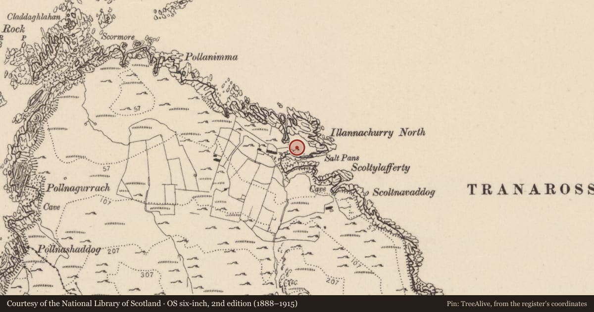 Ordnance Survey six-inch map, 2nd edition (1888–1915) covering the location of Promontory fort - coastal, Gleann Úraí, County Donegal, with a pin at the register's coordinates