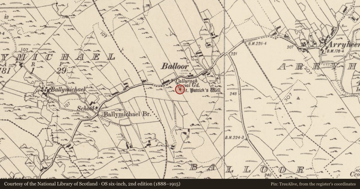 Ordnance Survey six-inch map, 2nd edition (1888–1915) covering the location of Children's burial ground, An Baile Úr, County Donegal, with a pin at the register's coordinates