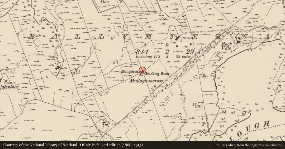 Ordnance Survey six-inch map, 2nd edition (1888–1915) covering the location of Standing stone, Baile Thiarnáin, County Donegal, with a pin at the register's coordinates