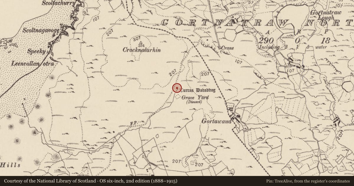 Ordnance Survey six-inch map, 2nd edition (1888–1915) covering the location of Ritual site - holy well, Dumhaigh Mhór, County Donegal, with a pin at the register's coordinates