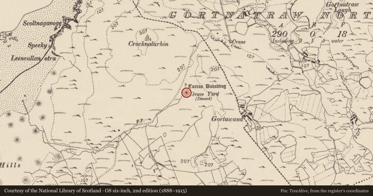 Ordnance Survey six-inch map, 2nd edition (1888–1915) covering the location of Burial ground, Dumhaigh Mhór, County Donegal, with a pin at the register's coordinates